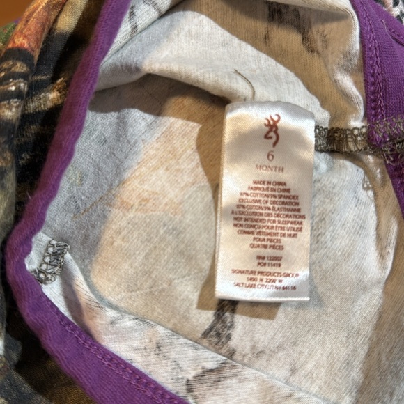 Browning onsie set w/burp cloth/hat camo w/purple trim - Picture 6 of 6